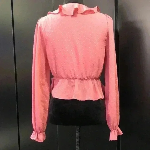 Leche Peplum Pin Dot,long sleeve,ruffle v-neck,bell sleeve,lined,light rose - Picture 3 of 9